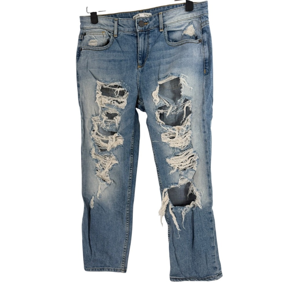 Alice + Olivia Distressed Ripped Jeans Women's Size 27 Blue Straight Leg